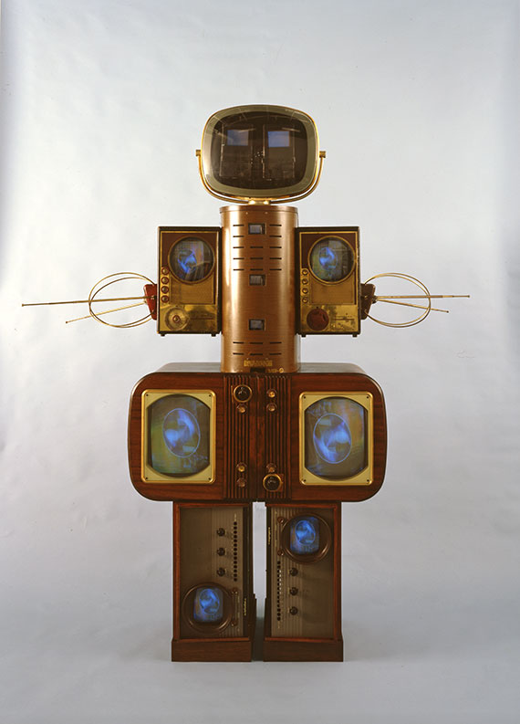 Family of Robot: Mother, 1986. Single-channel video sculpture with vintage television and radio casings and monitors; tuner; liquid crystal display; color;silent. 78 x 61 1/2 x 20 3/4 in. (203 x 156 x 53 cm). Nagoya City Art Museum. Image courtesy of Nagoya City Art Museum.