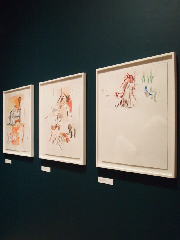 View of the green gallery area with drawings from the series Cecily Brown, Combing the Hair (after Degas), 2013. The Drawing Center, photo by author.