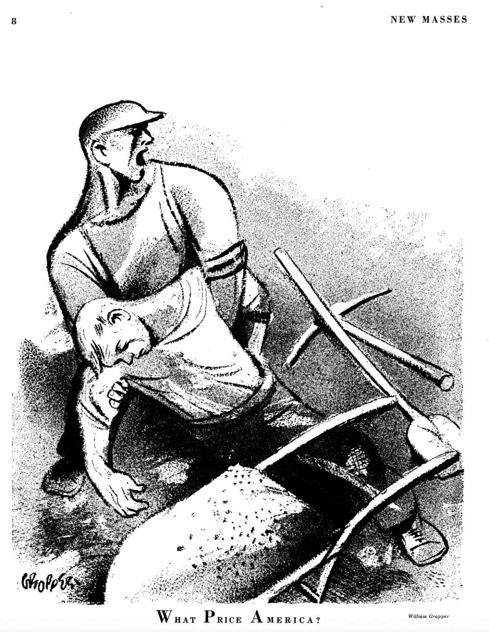 An etching in black and white of a man wearing a hat pulling another man from a pile of tools. The text below reads WHAT PRICE AMERICA?
