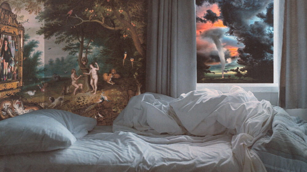 A bed with white rumpled sheets, a single pillow, and a blue quilt. On the wall behind the bed is a Renaissance fresco with nude figures in a garden. The wall has a window with grey curtains. Outside the window is a surreal storm with a small twister.
