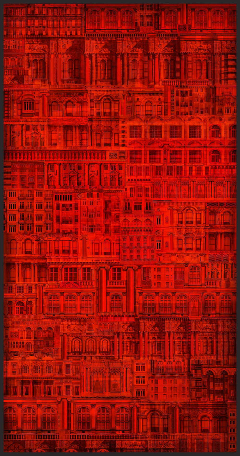 A large red and black print with rows and rows of building facades. Some look old, with decorative columns. Others look new, with archways.