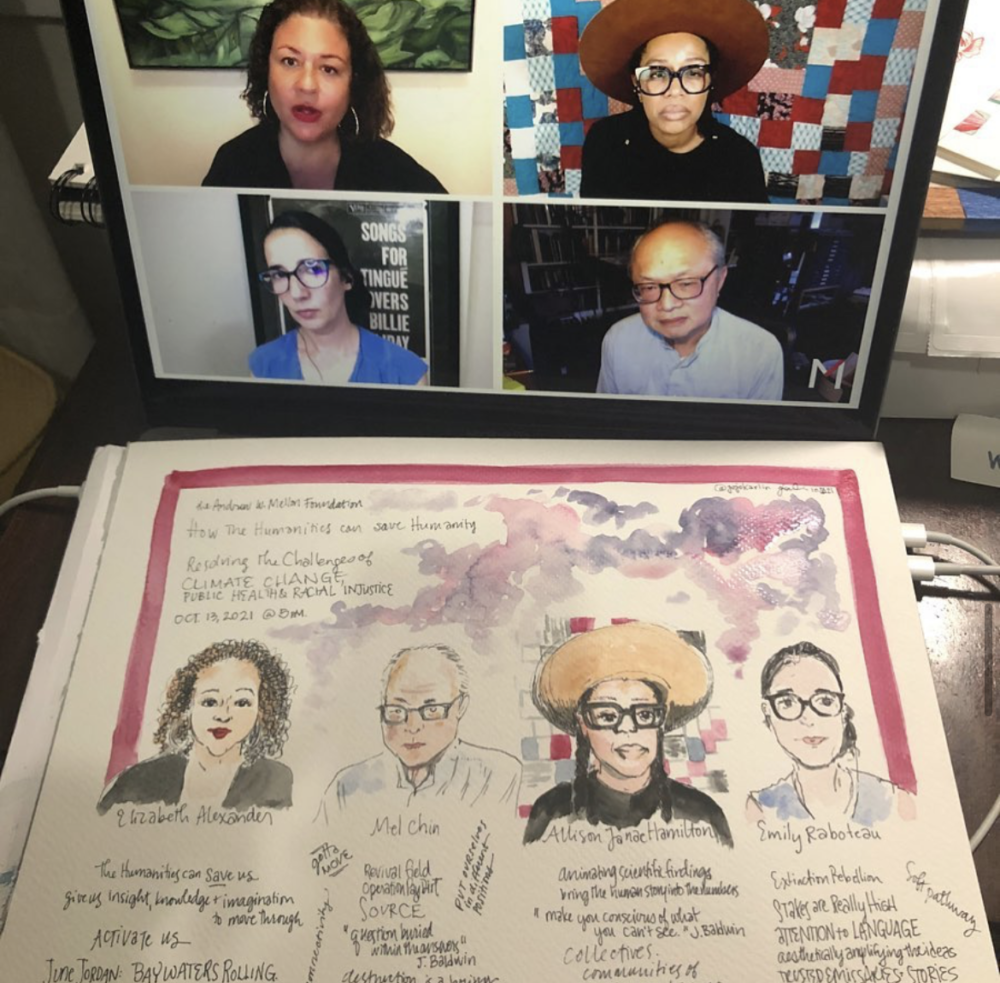 A laptop with four people on the screen, and a drawing pad placed over the keyboard. The four people are, clockwise from the top left: Elizabeth Alexander, a woman with curly medium length dark hair, medium skin tone, red lipstick, and hoop earrings; Allison Janae Hamilton, a woman with medium skin tone, large black glasses, hair in braids, and a large brown hat; Mel Chin, a man with medium light skin tone, balding with grey hair and glasses; and Emily Raboteaua woman with fair skin, glasses, and long dark hair pulled back. The drawing pad has ink and watercolor drawings of all four people in a pink border, along with their names and notes.