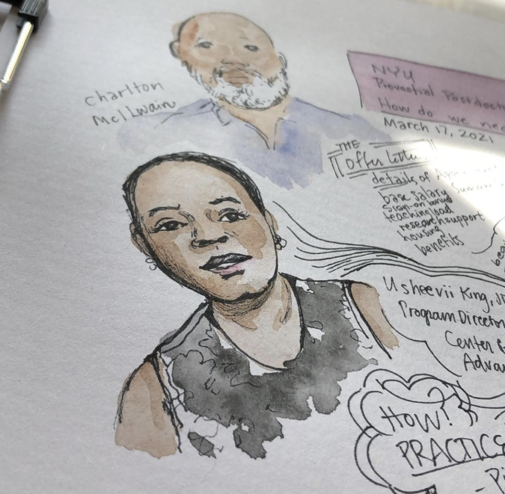 An ink and watercolor drawing of a woman with medium skin tone, cropped hair, and earrings, wearing a black tank top. The drawing is surrounded by notes written in pen The legible notes say "How? Practice" and "The Offer Letter.". Slightly behind and to the right is another drawing of a bald man with medium skin and a white beard wearing a blue shirt.