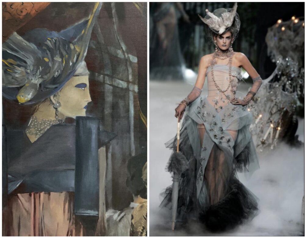 The image on the right shows a model walking down a runway in a silver gown and matching hat. On the left is a close-up of a painting that shows a woman in the art deco style wearing the same hat.