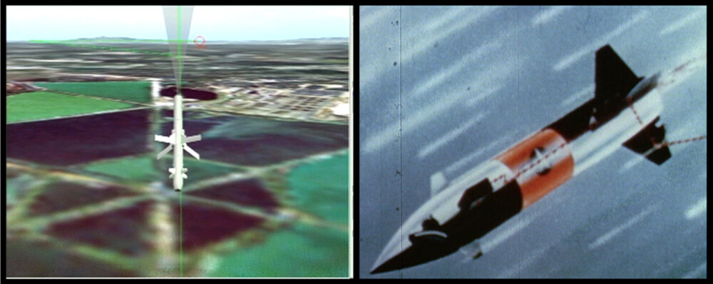 A two-channel video, with the left screen showing a missile flying above fields, and the right screen showing a close-up of missile flying through the sky