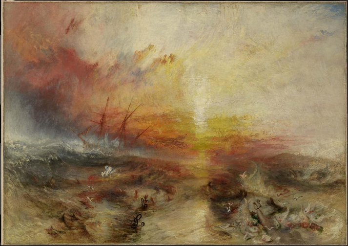 A painting of a shipwreck, the sky is painted in ominous tones including a deep blue, dark red, and orange-yellow. The sun is positioned in the center of the painting on the horizon, illuminating the light brown waters which have bodies within them.